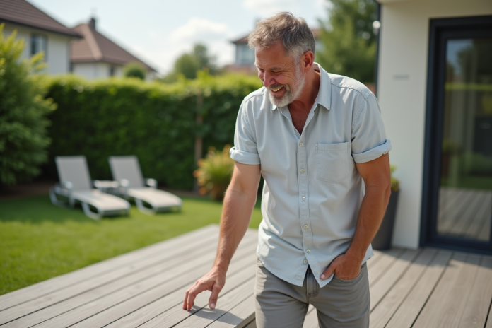 homme-souriant-terrasse-composite Homme souriant vérifiant une terrasse composite en extérieur