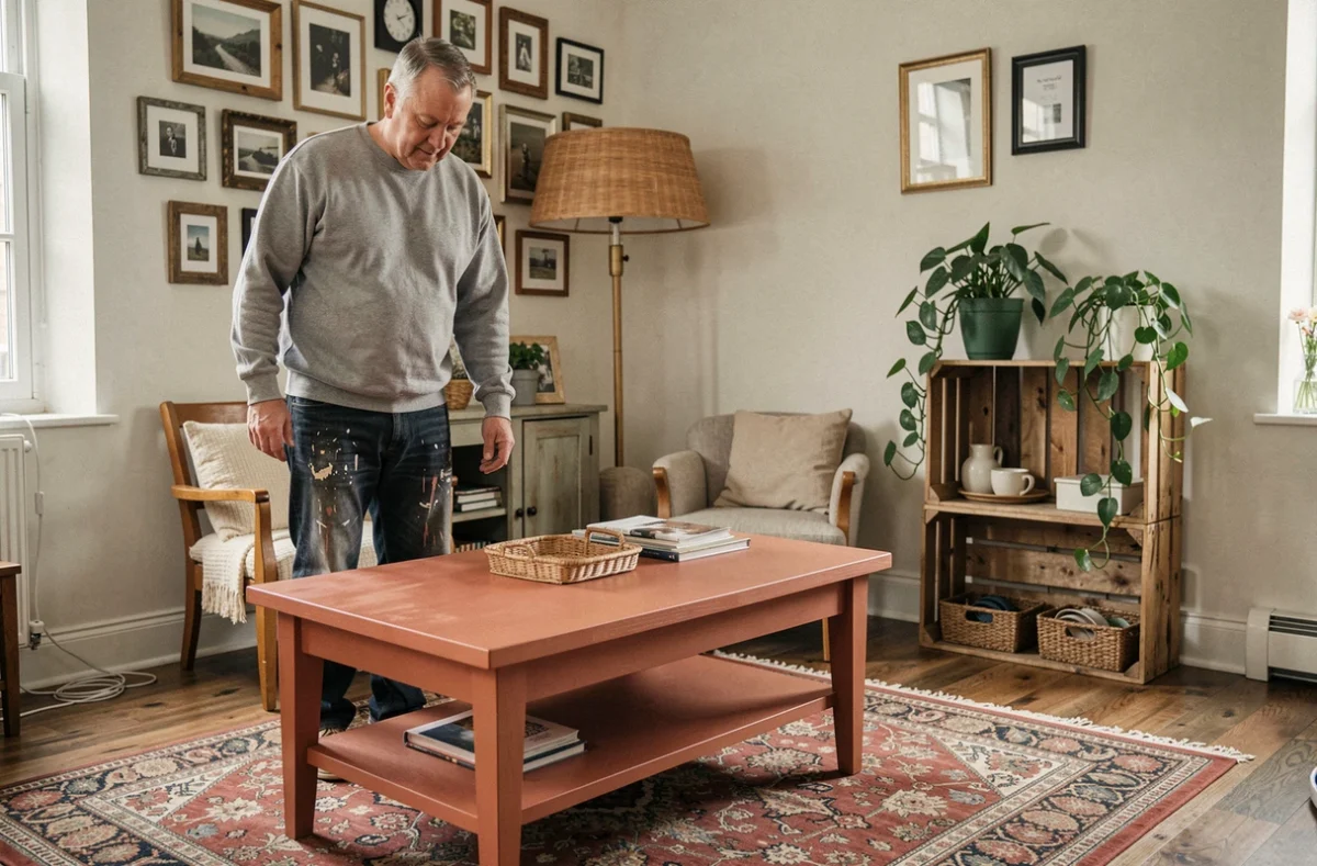 Homme admirant sa table basse repeinte en terracotta dans un salon rénové avec des éléments récupérés et upcyclés