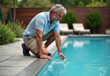 Homme d'âge moyen testant l'eau de la piscine extérieure