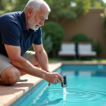 Homme d'âge moyen testant l'eau de la piscine avec un appareil numérique