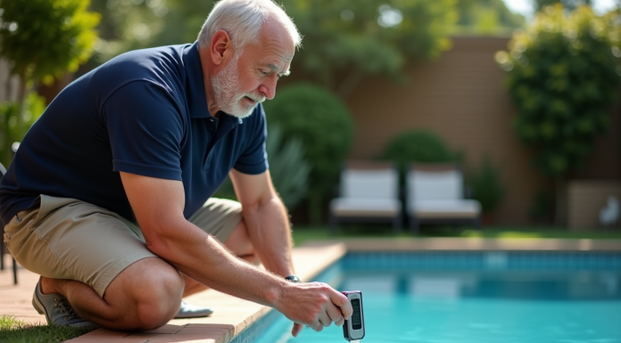 Homme d'âge moyen testant l'eau de la piscine avec un appareil numérique