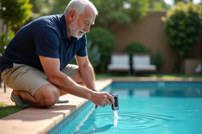 homme-testeur-eau-sel-piscine Homme d'âge moyen testant l'eau de la piscine avec un appareil numérique