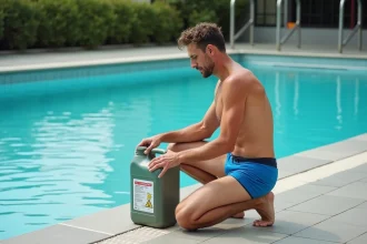 Homme d'âge moyen inspectant un jerrican à la piscine