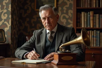 Homme d'âge moyen examinant un gramophone ancien dans son bureau