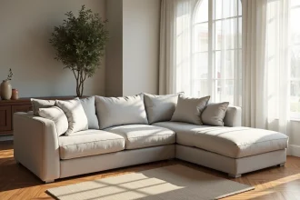 Canapé méridienne recouvert d'une housse en lin gris tourterelle dans un salon moderne et lumineux au parquet chêne