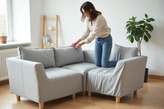 Femme installant une housse extensible grise sur un fauteuil d'angle de format atypique dans un salon scandinave