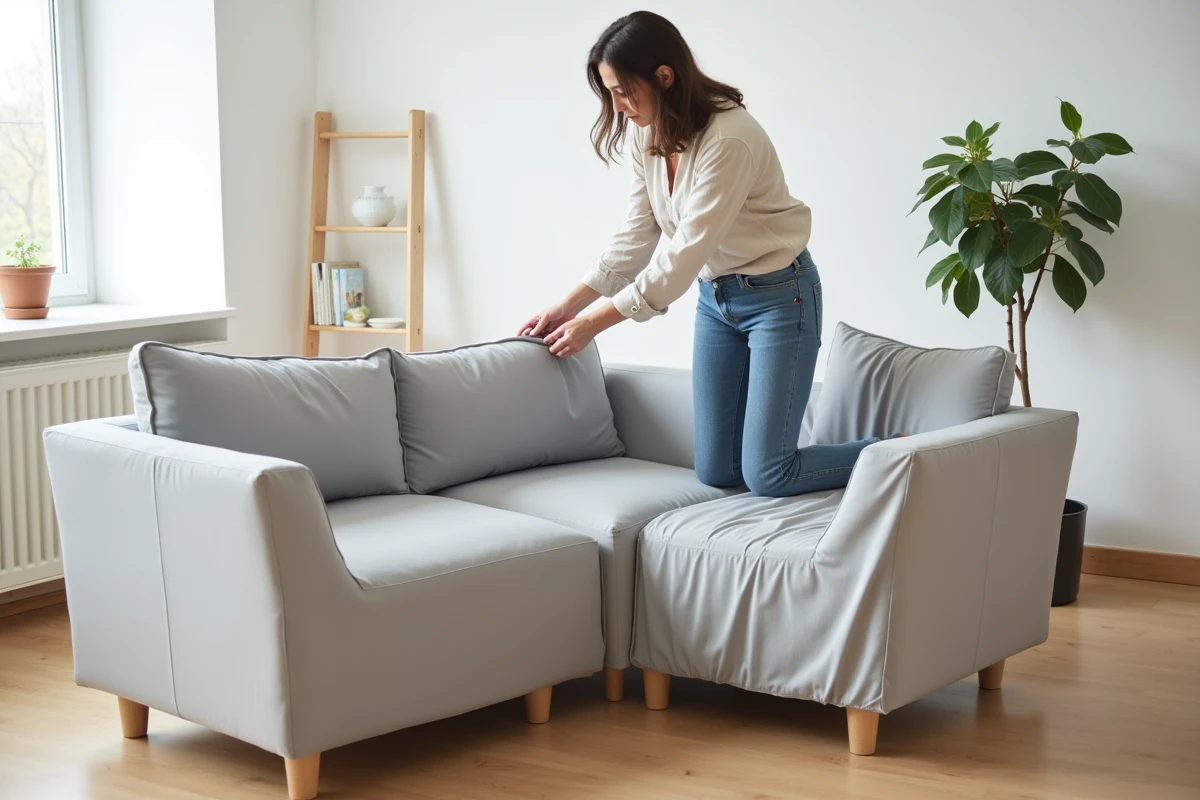 Femme installant une housse extensible grise sur un fauteuil d'angle de format atypique dans un salon scandinave