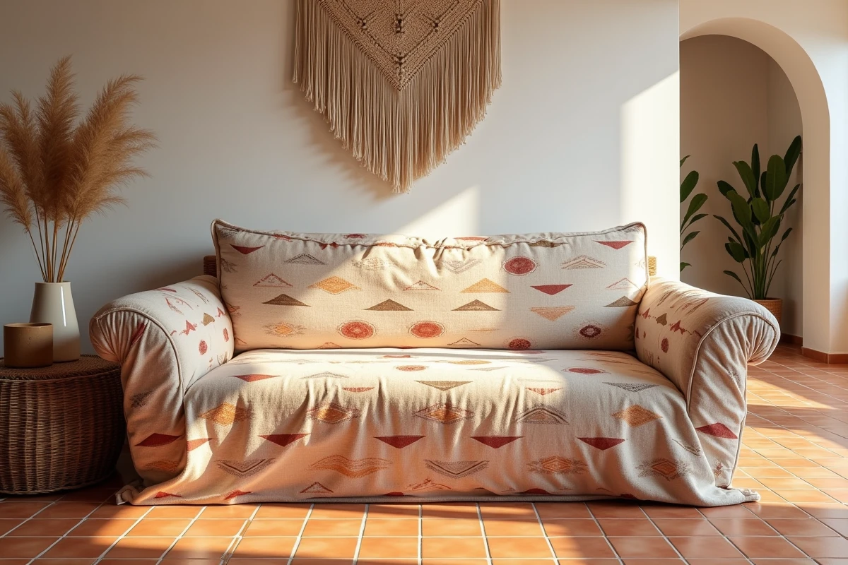 Canapé méridienne avec housse coton imprimé motifs géométriques terracotta dans un salon bohème méditerranéen
