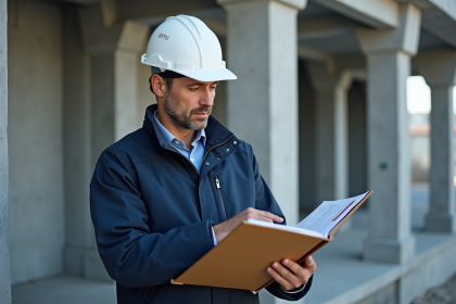 Ingénieur en construction avec casque blanc et dossier DTU 365