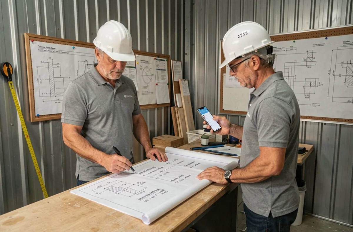 Deux ingénieurs sur chantier comparant le calcul manuel et numérique du volume de béton en mètre cube