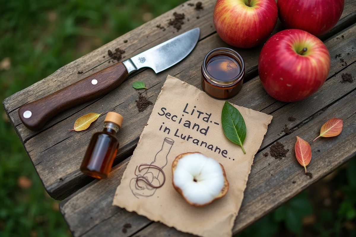 Ingrédients et matériaux pour fabriquer un piège à phéromone maison disposés sur une table de jardin en bois