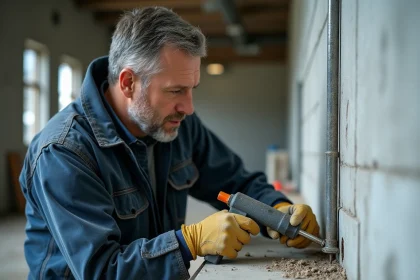 Ouvrier injectant du ciment chimique dans un mur en béton avec un pistolet de scellement professionnel sur un chantier industriel