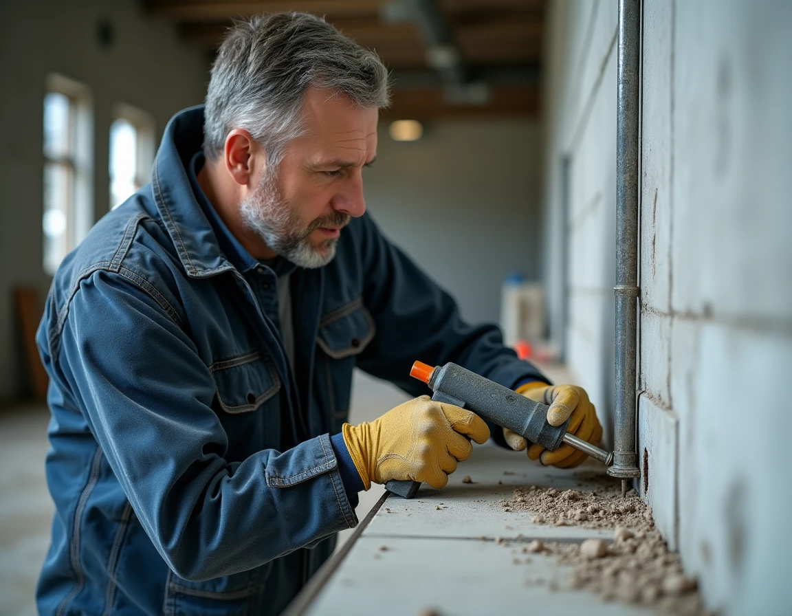 Ouvrier injectant du ciment chimique dans un mur en béton avec un pistolet de scellement professionnel sur un chantier industriel