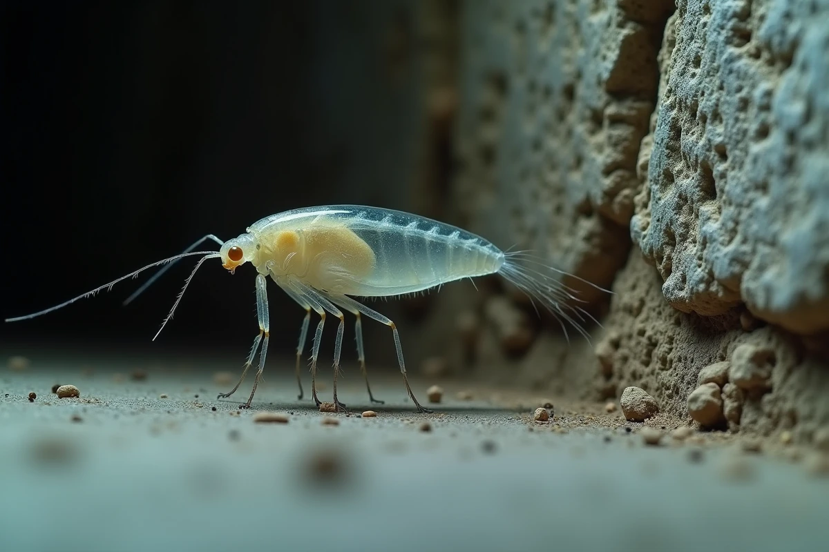 Insecte transparent de type lépisme se déplaçant sur un mur en béton brut dans une cave