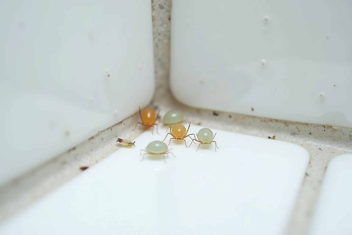 Groupe d'insectes transparents regroupés dans un angle de mur de salle de bain carrelée