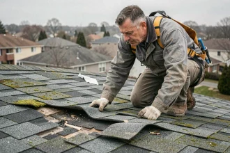 Couvreur inspectant des bardeaux de toiture shingle abîmés et décollés lors d'un entretien préventif
