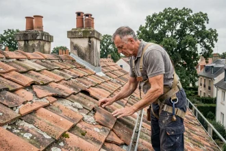 Couvreur professionnel inspectant une toiture en tuiles abîmées lors d'une rénovation de toiture en zone pavillonnaire