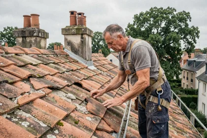 Couvreur professionnel inspectant une toiture en tuiles abîmées lors d'une rénovation de toiture en zone pavillonnaire