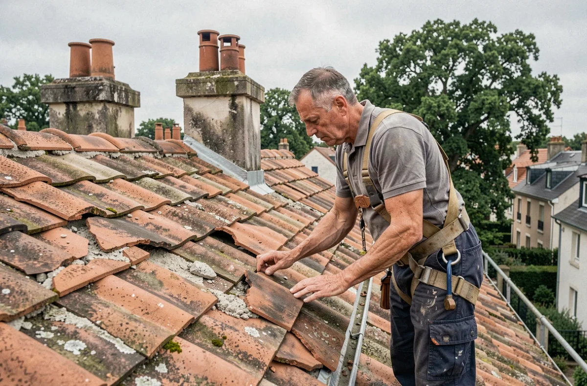 Couvreur professionnel inspectant une toiture en tuiles abîmées lors d'une rénovation de toiture en zone pavillonnaire