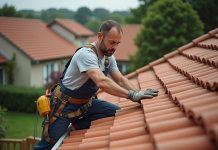 Rénover toiture : saison idéale et conseils pratiques ! Homme inspectant des tuiles en terre cuite sur le toit