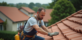 Rénover toiture : saison idéale et conseils pratiques ! Homme inspectant des tuiles en terre cuite sur le toit
