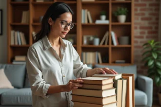 Femme installant un book stacker en bois dans un salon moderne, evitant les erreurs d'empilement de livres