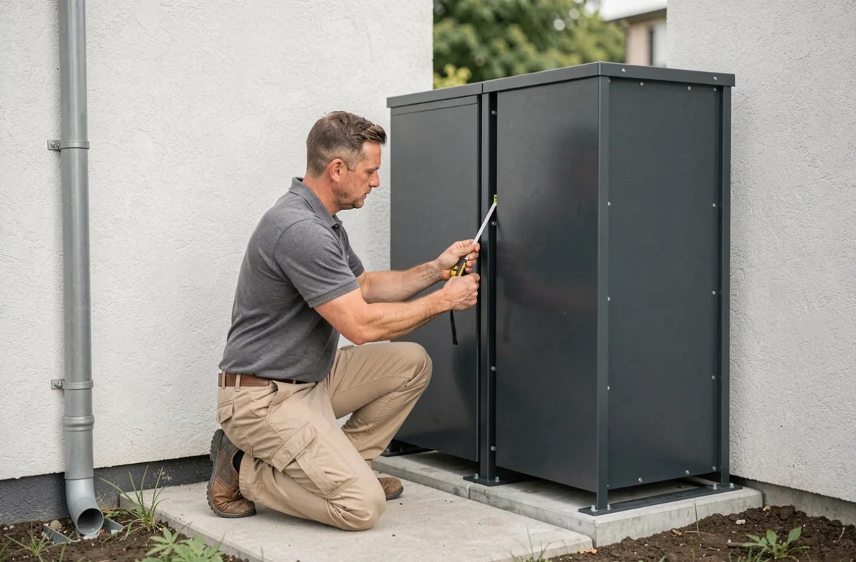 Technicien installant un cache pompe à chaleur double en métal anthracite dans un passage latéral de maison individuelle