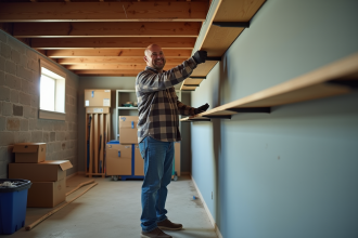 Homme moyenâge en jeans installe une étagère dans un sous-sol