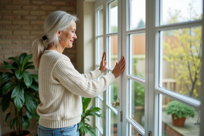 Femme installant des panneaux d'isolation dans une veranda lumineuse