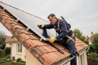 Un homme installe un panneau solaire sur un toit en tuiles lors d'une installation DIY