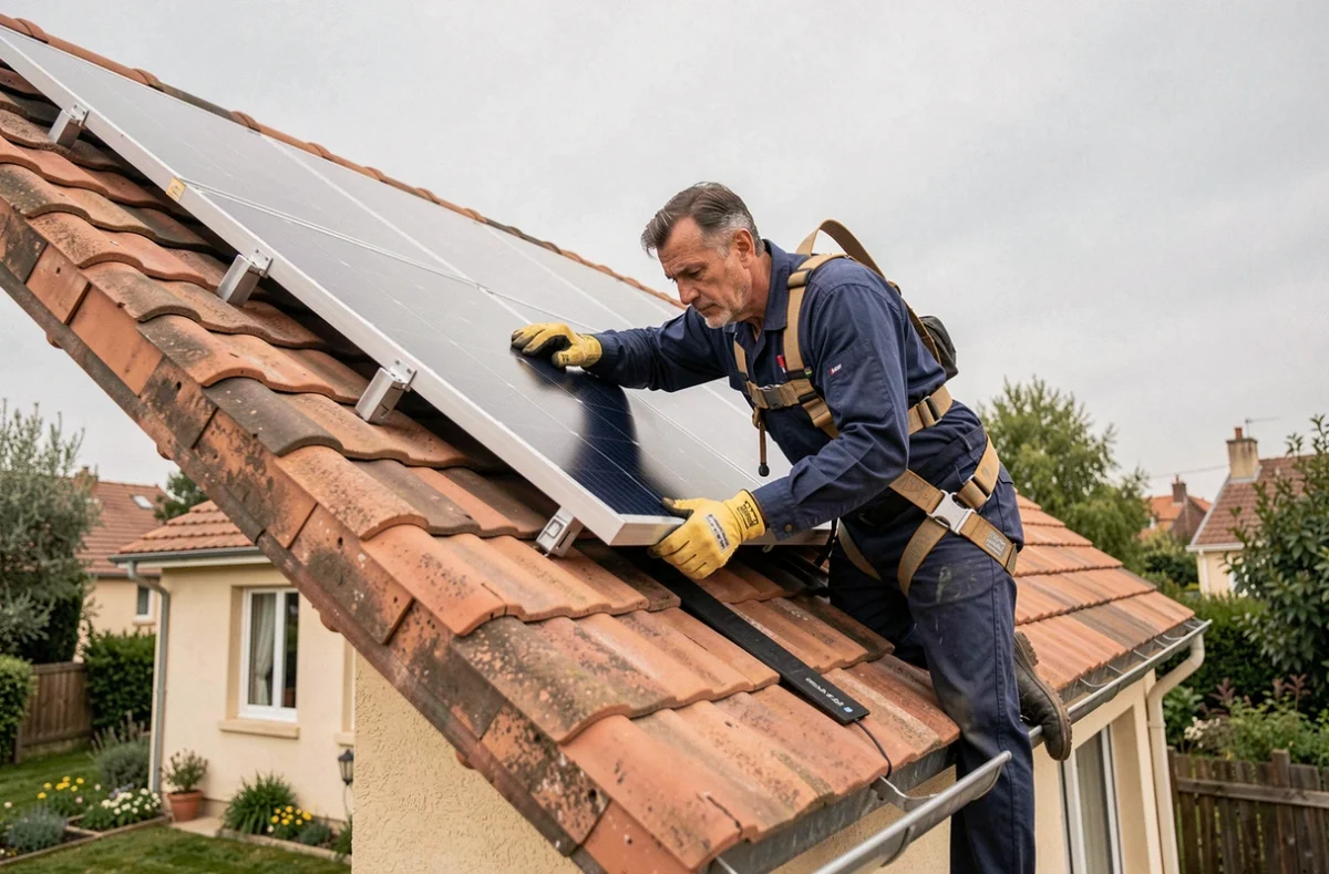 Un homme installe un panneau solaire sur un toit en tuiles lors d'une installation DIY
