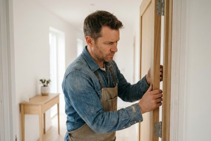 Menuisier installant une porte battante en bois dans un couloir intérieur scandinave épuré
