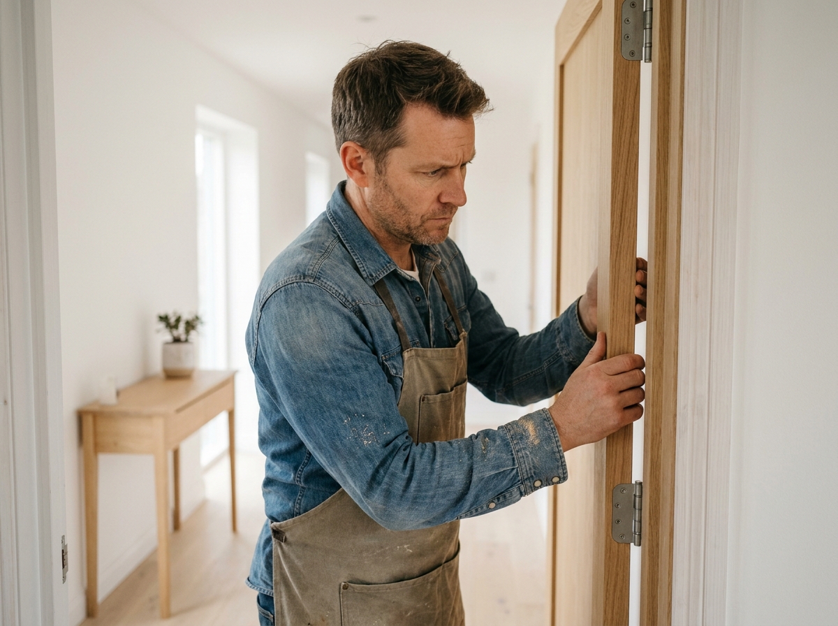 Menuisier installant une porte battante en bois dans un couloir intérieur scandinave épuré