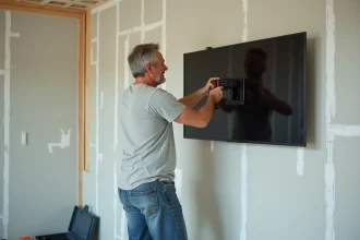 Bricoleur installant un téléviseur sur un mur en placo avec une fixation murale robuste dans un salon en rénovation