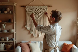 Femme intégrant un panneau macramé fait main dans un salon déjà décoré avec des meubles vintage et des céramiques artisanales