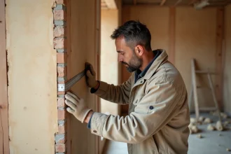 Artisan posant un panneau d'isolant rigide sur un mur intérieur en brique lors de travaux de rénovation