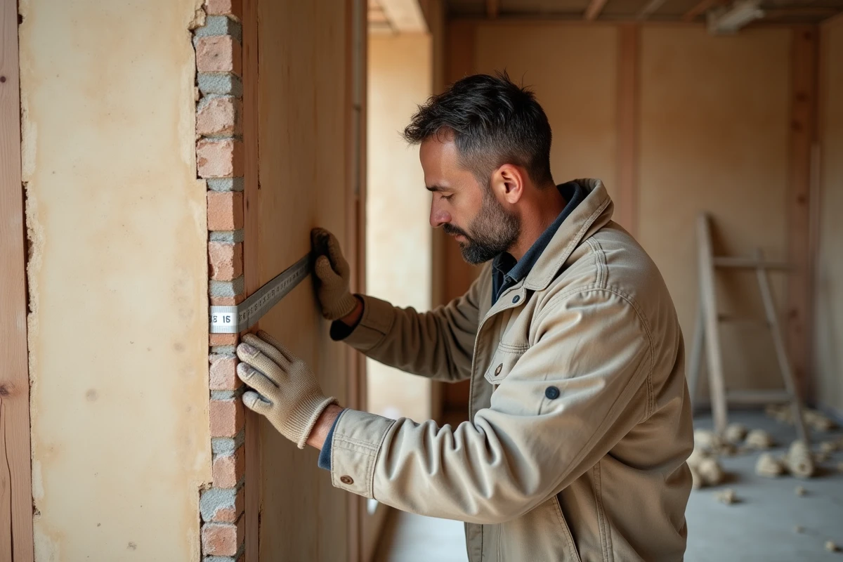 Artisan posant un panneau d'isolant rigide sur un mur intérieur en brique lors de travaux de rénovation