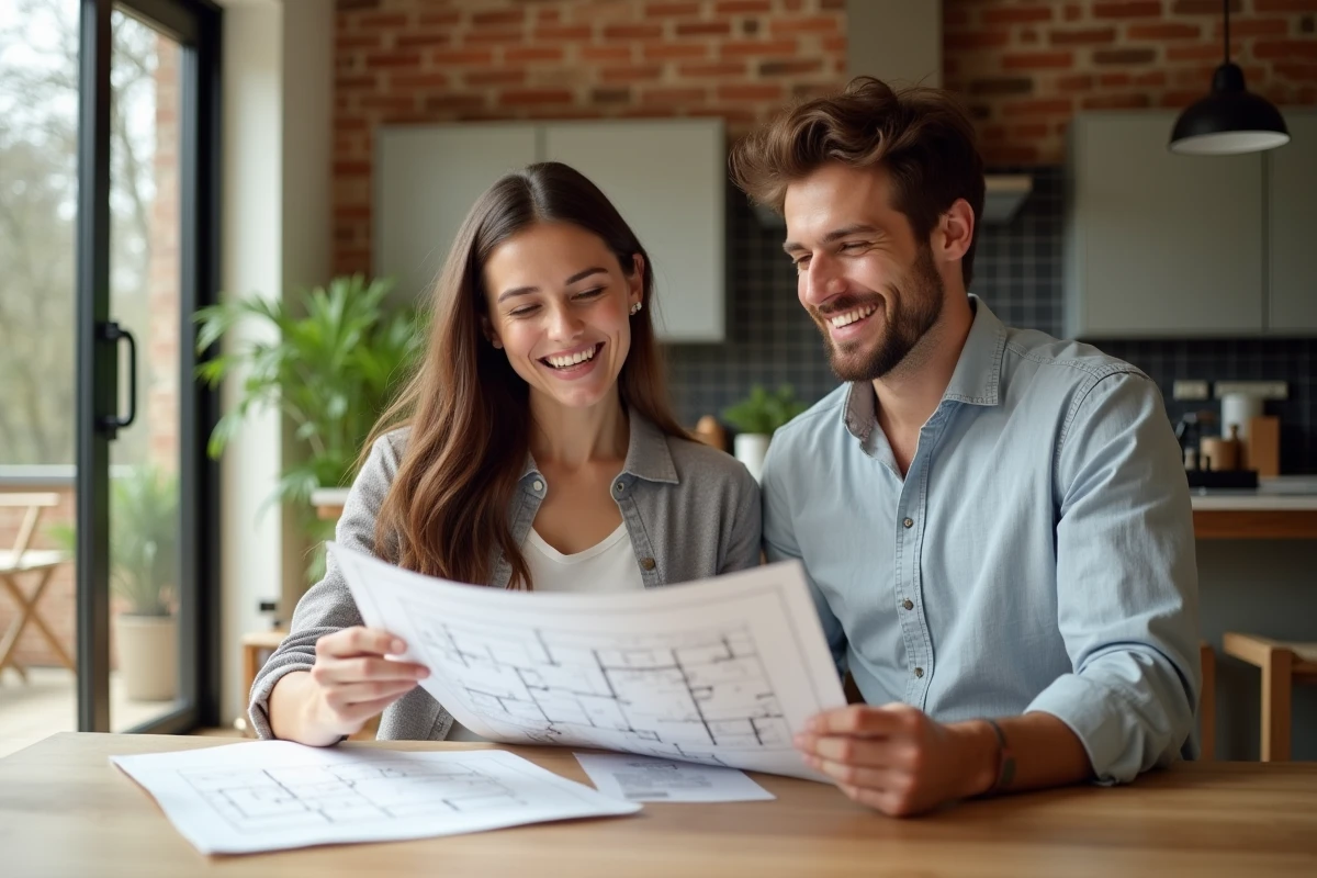 Jeune couple examinant des plans dans une cuisine lumineuse