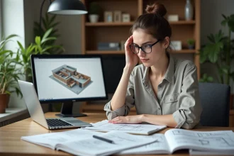 Jeune femme en bureau d'architecture avec plans et ordinateur