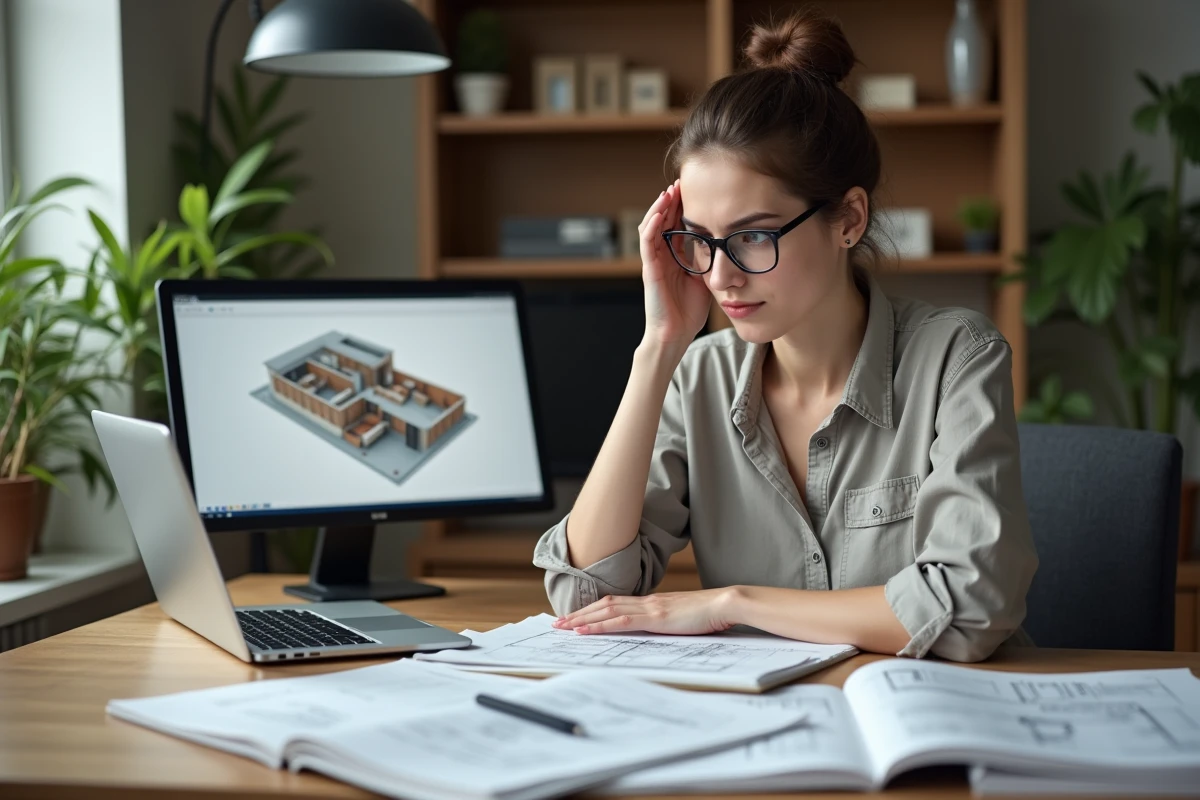 Jeune femme en bureau d'architecture avec plans et ordinateur