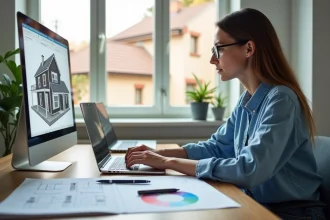 Jeune femme travaillant sur un plan 3D dans son bureau lumineux