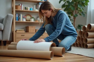 Jeune femme rangeant des posters dans un tube en carton