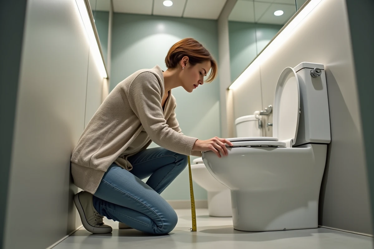 Jeune femme mesure la hauteur d une toilette accessible