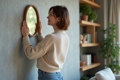 Jeune femme arrangeant un miroir rond dans un salon moderne