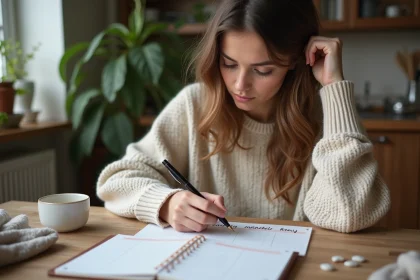 Jeune femme remplissant un planner dans la cuisine chaleureuse