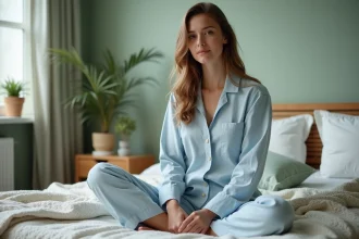 Jeune femme en pyjama bleu dans une chambre apaisante