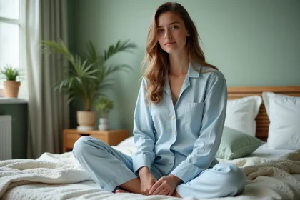 Jeune femme en pyjama bleu dans une chambre apaisante