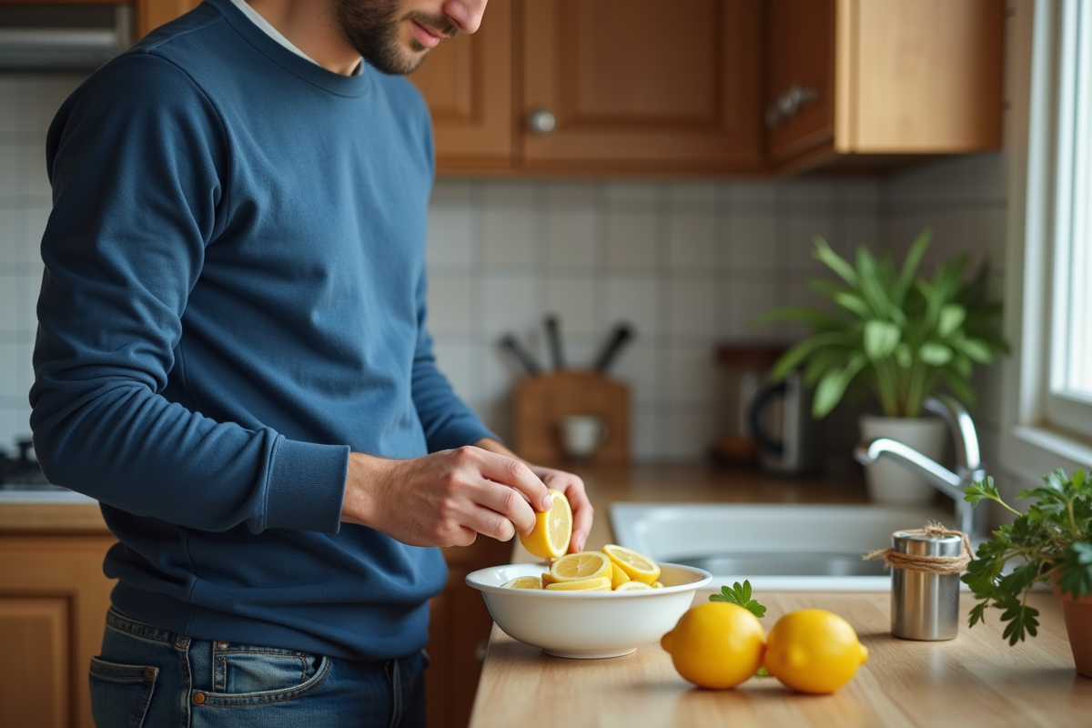 Jeune homme plaçant une tranche de citron dans un bol d