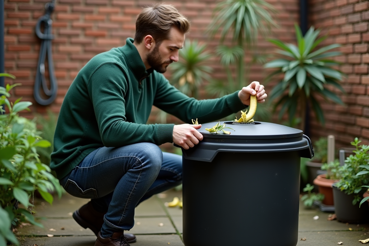 Jeune homme ouvrant un composteur dans un jardin urbain