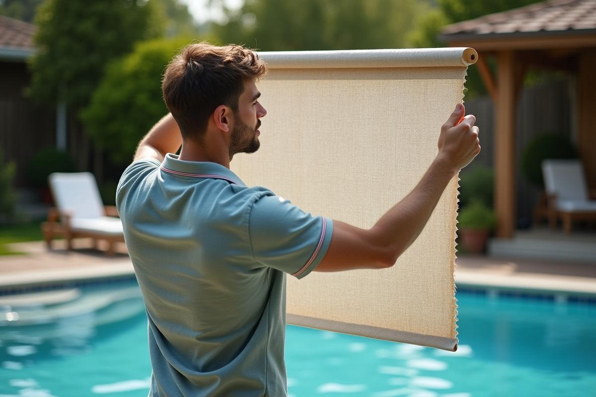 Jeune homme tient un échantillon de tissu piscine
